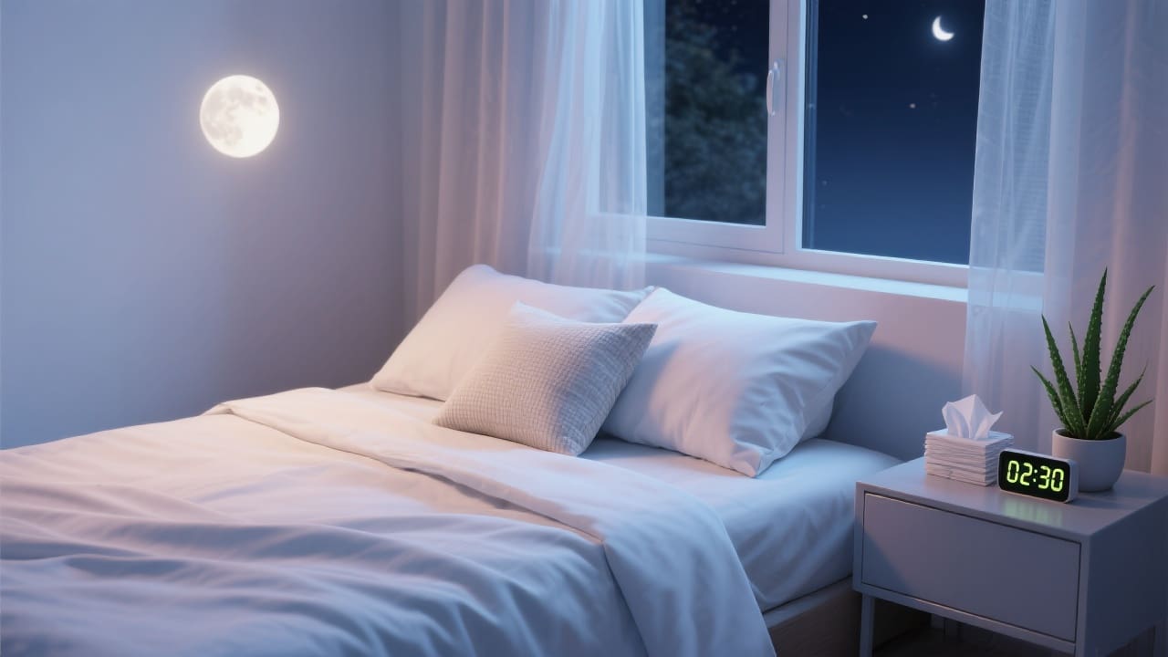 Minimalistische slaapkamer om 2:30 uur ‘s nachts met strak opgemaakt bed en hypoallergeen beddengoed, omgeven door een kalme sfeer en frisse lucht.