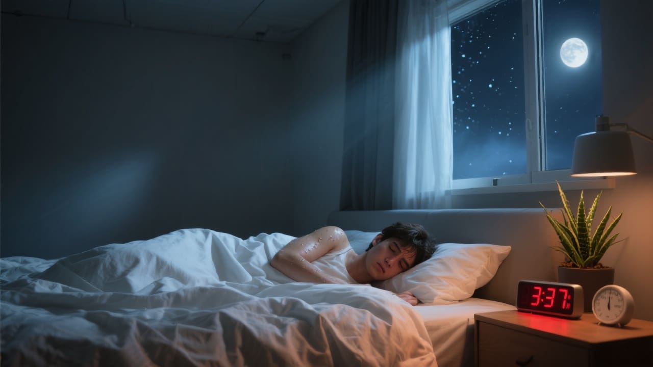 Minimalistische slaapkamer om 3:47 ’s nachts. Persoon ligt wakker op wit katoen-perkal beddengoed met open raam en sansevieria plant op nachtkastje.