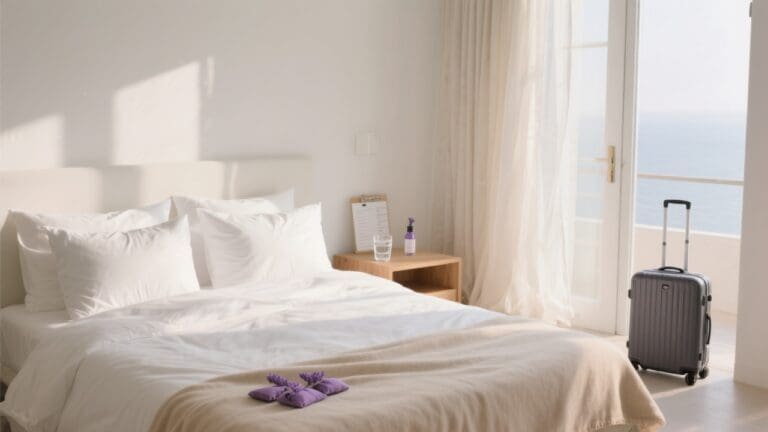 Modern minimalist bedroom met wit katoensatijn beddengoed, lavendelzakjes, en een koffertje in de deuropening.