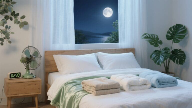 Sereen zomerslaapkamer om 3 uur ’s nachts met vijf zomerdekbedden en zachte maanverlichting