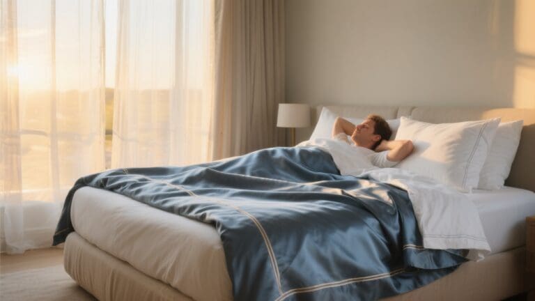 Serene 6:30 a.m. bedroom bathed in gentle golden dawn light filtering through sheer curtains, showcasing a luxuriously made king-size bed with Papillon linens