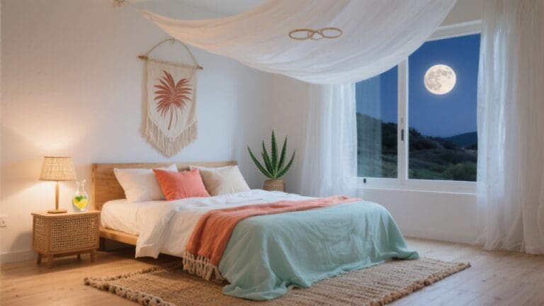 Serene summer bedroom with crisp percale sheets, coral pillows, and linen throw under moonlight