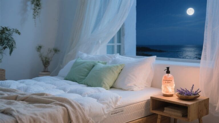 Serene summer bedroom with light beddengoed, linnen gordijnen en eucalyptus spray.