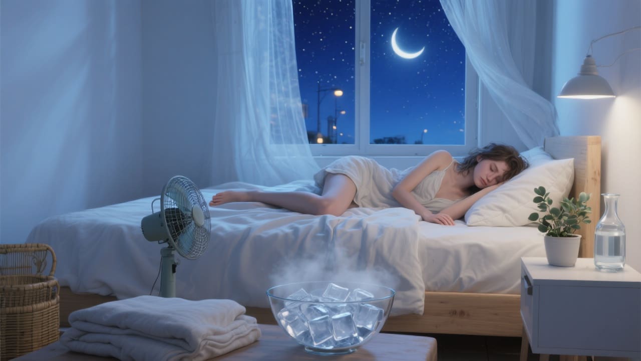 Slaapkamer in zomerse sfeer met percale katoenen lakens, open raam en verkoelende accessoires zoals een ventilator en ijsblokjes.