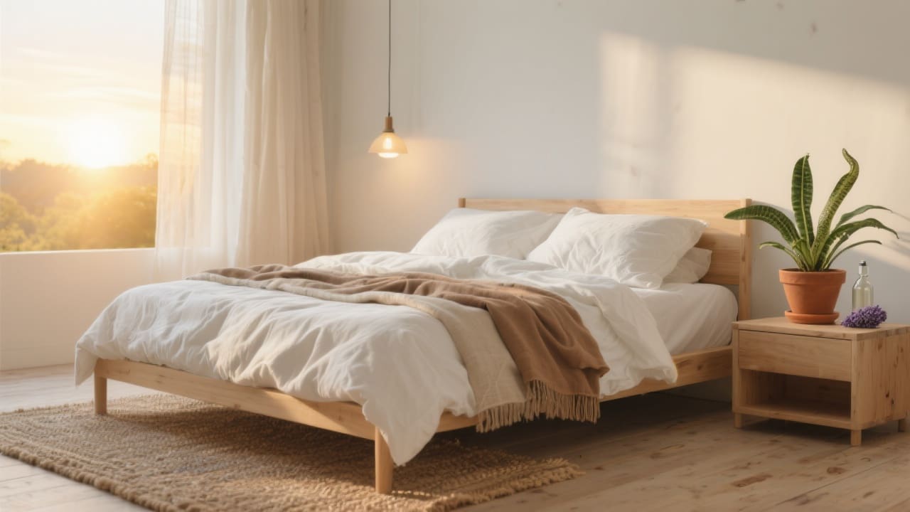 Sunlit eco-friendly bedroom at dawn, warm golden morning light filtering through sheer curtains onto a neatly made bed draped in crisp white organic cotton sheets, layered with softly wrinkled flax-linen blankets in earthy neutrals and a silky bamboo lyocell duvet.