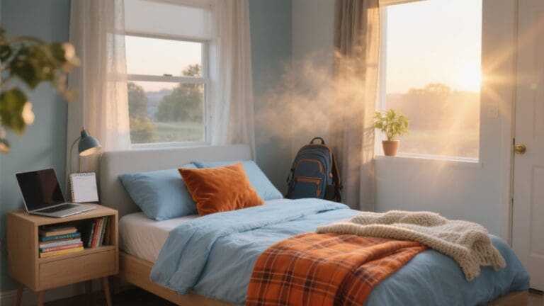 Tienerkamer met vers opgemaakt bed in pastelblauw percale katoen, terracotta plaid, en zachte ochtendzonlicht dat de ruimte kalm en fris doet aanvoelen.