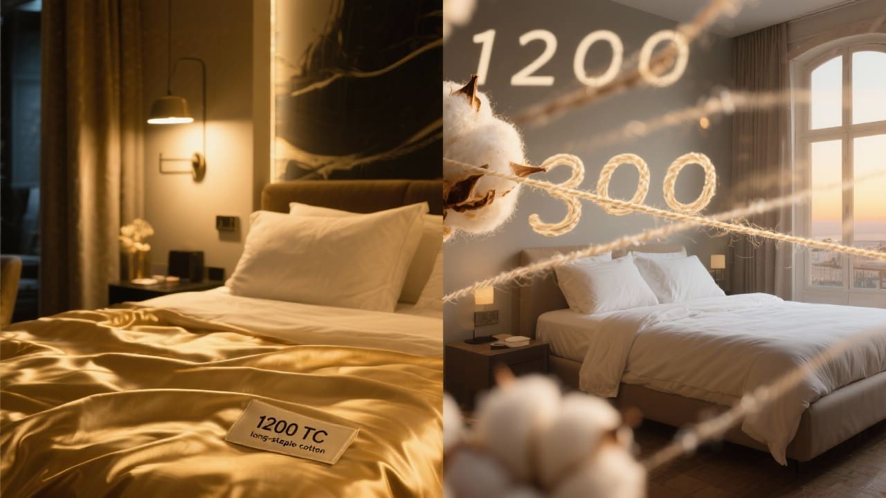 Glanzend boutiquehotelbed tegenover fris thuisbed met 1200 TC en 300 TC lakens, symboliseert echtheid versus marketing