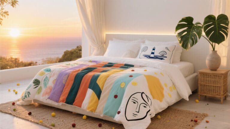 Luxe slaapkamer bij zonsopgang met lagen dekbedovertrekken in 2025 trends: aquarel botanisch, mediterrane streep, woestijnneutrals, neo-geo vormen, coastal toile, sunset gradient, microfruit en monochrome line-art. Sfeervol en stijlvol ingericht.