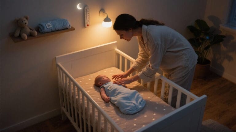 Ouder controleert slapende baby in veilige, minimalistische babykamer bij zacht nachtlamplicht