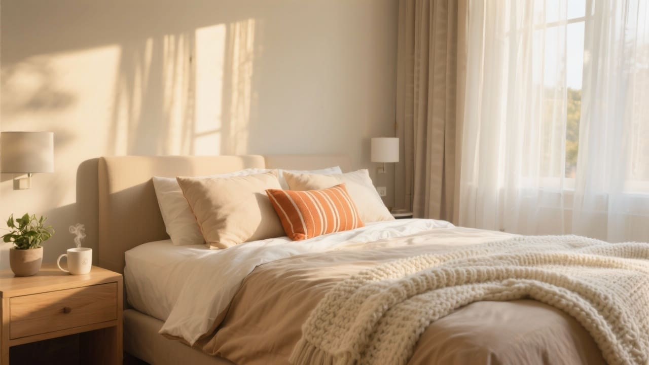 Slaapkamer met terracotta katoen-satijn dekbedovertrek, percale hoeslaken en sierkussens onder zacht ochtendlicht.