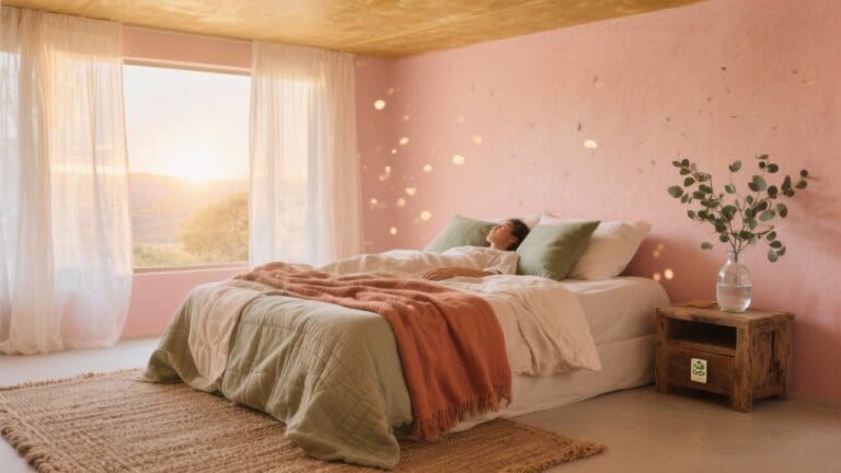 Zonsopgang verlicht een slaapkamer met ademend beddengoed in aardetinten van Tencel, linnen, biologisch katoen en bamboe.