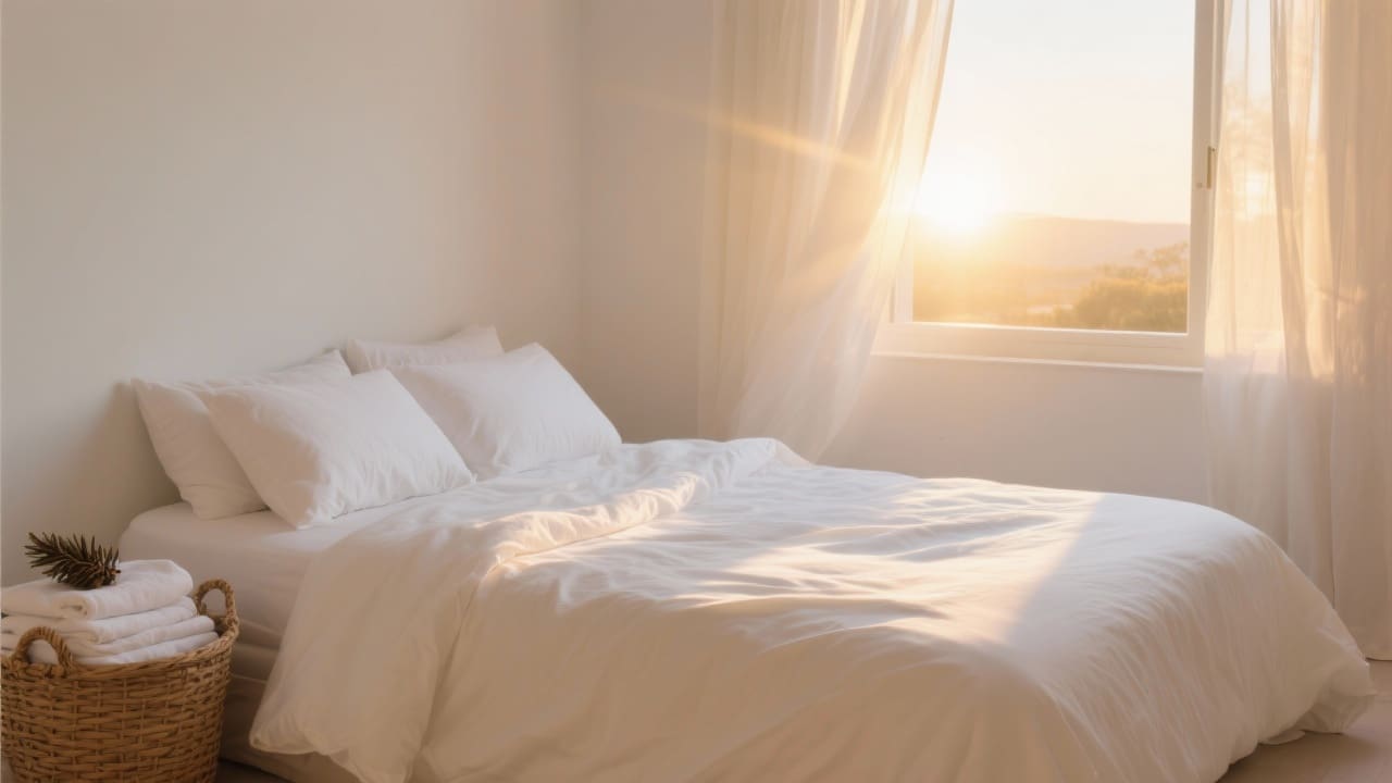 Zonsopkomst in een minimalistische slaapkamer met luxe Egyptisch katoensatijnen beddengoed en zorgzaam geplooide pastelkleurige kussens
